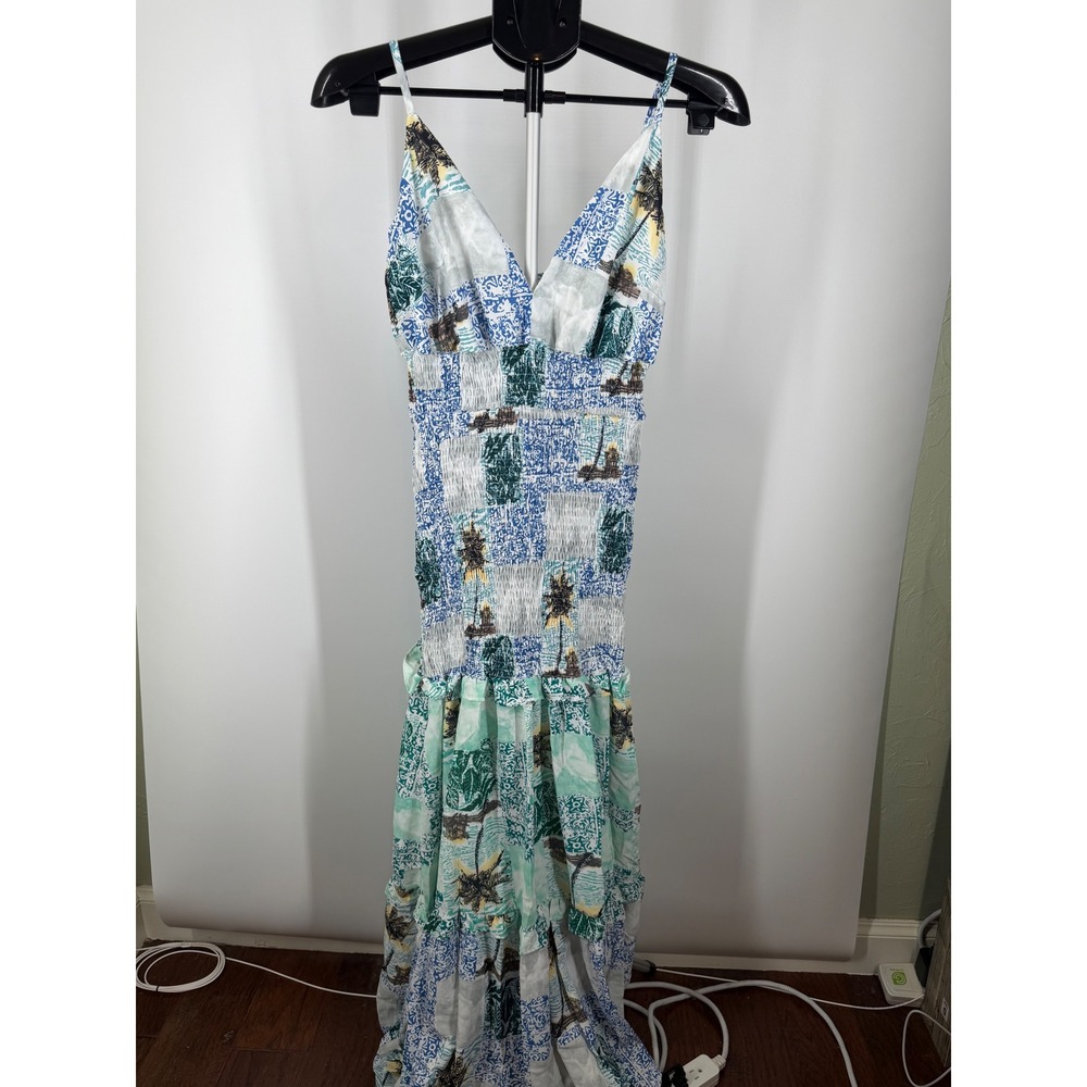 Chicway Tropical Patchwork Smocked Maxi Dress Blue Green Palm Tree Print M New